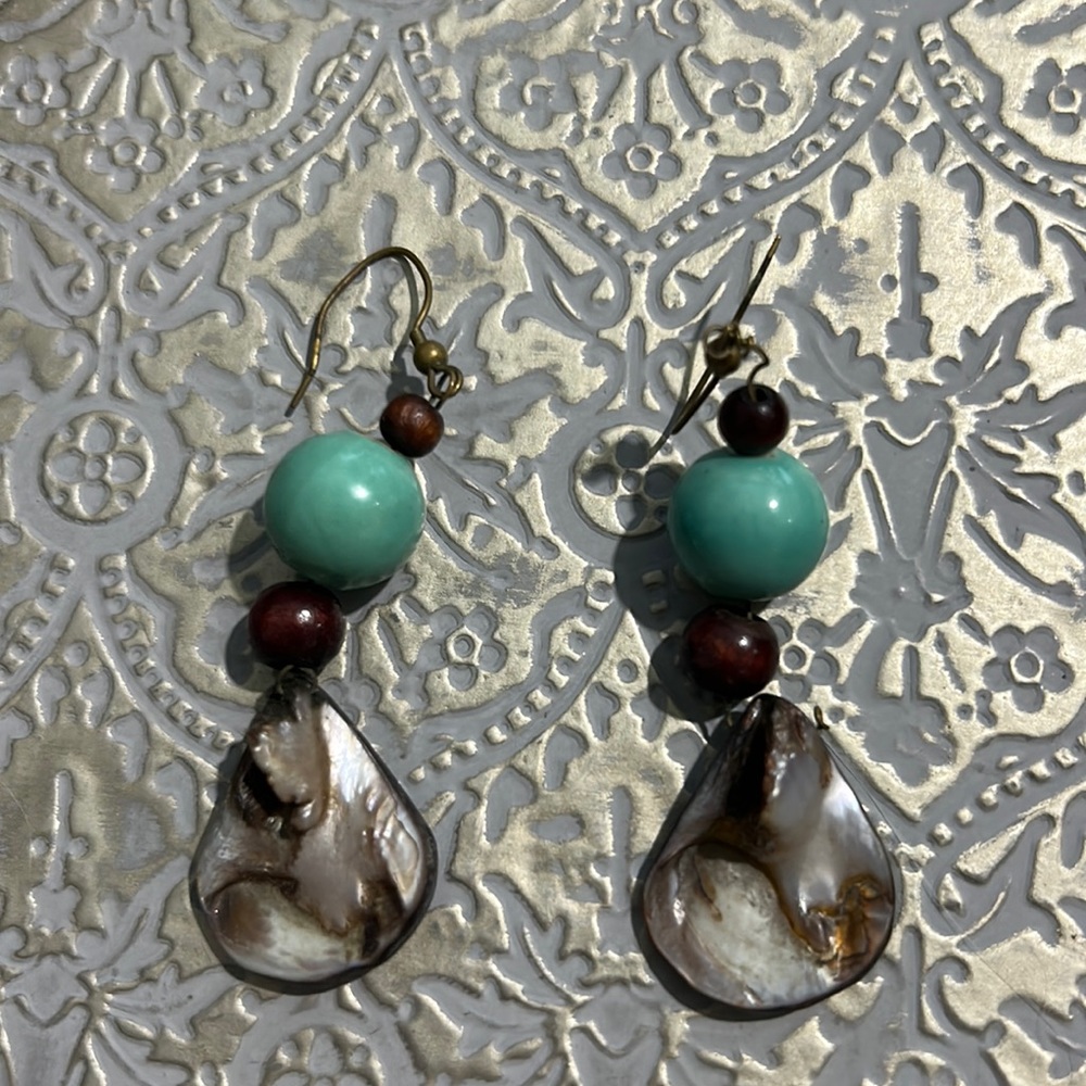 teal and brown beaded earrings